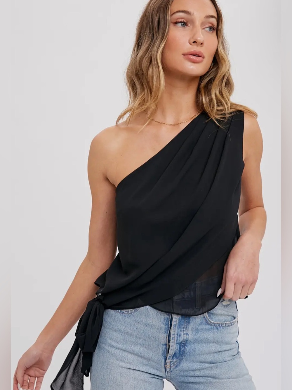 One-Shoulder Black Draped Women's Top